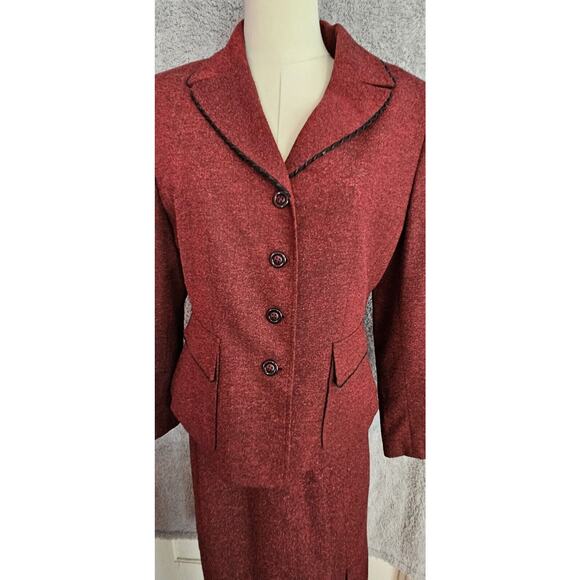 KASPER Petite Tweed Maroon Red 2 Pcs Skirt Jacket‎ Suit Set Career Church Sz 10P - Picture 2 of 9